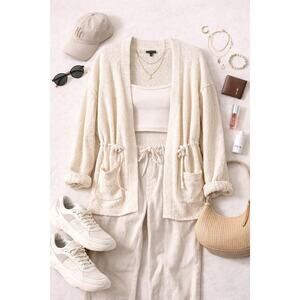PAIGE Women's Marlee Cotton Open Knit Cardigan Oatmeal Cream Neutral Size M
